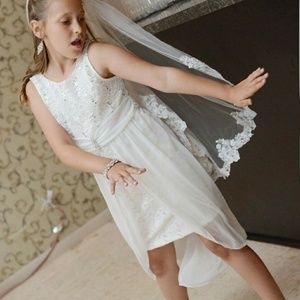 White midi dress with sheer hi-low overlay